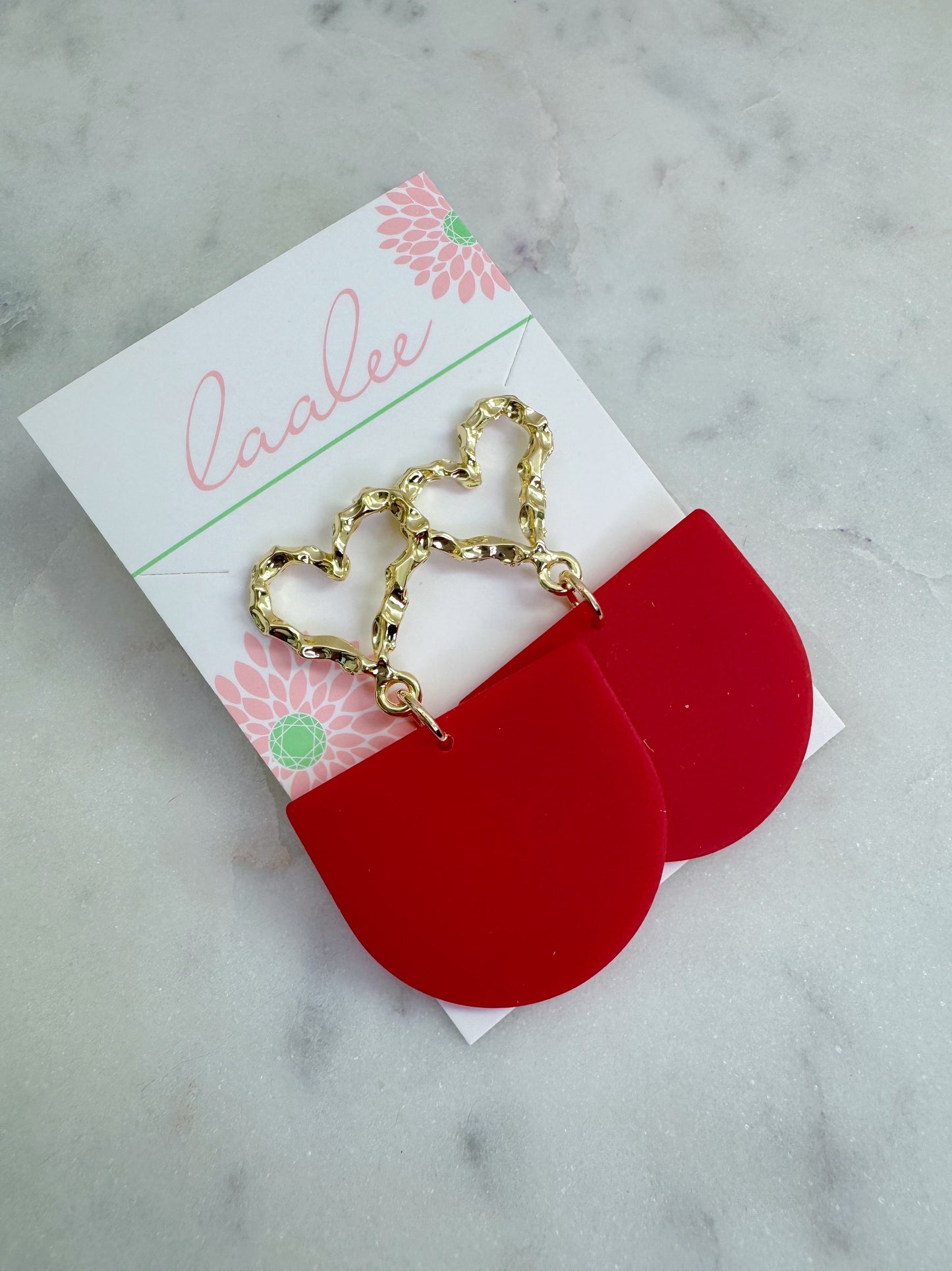 Gold Heart Stud Earrings, Red Acrylic Earrings, Valentine's Day Gift