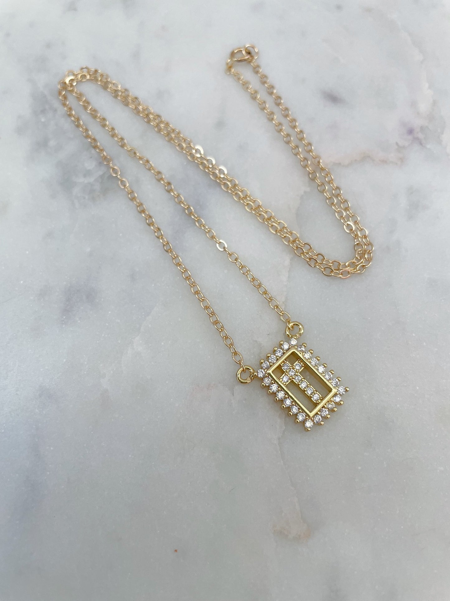 Gold Cross CZ Border Necklace