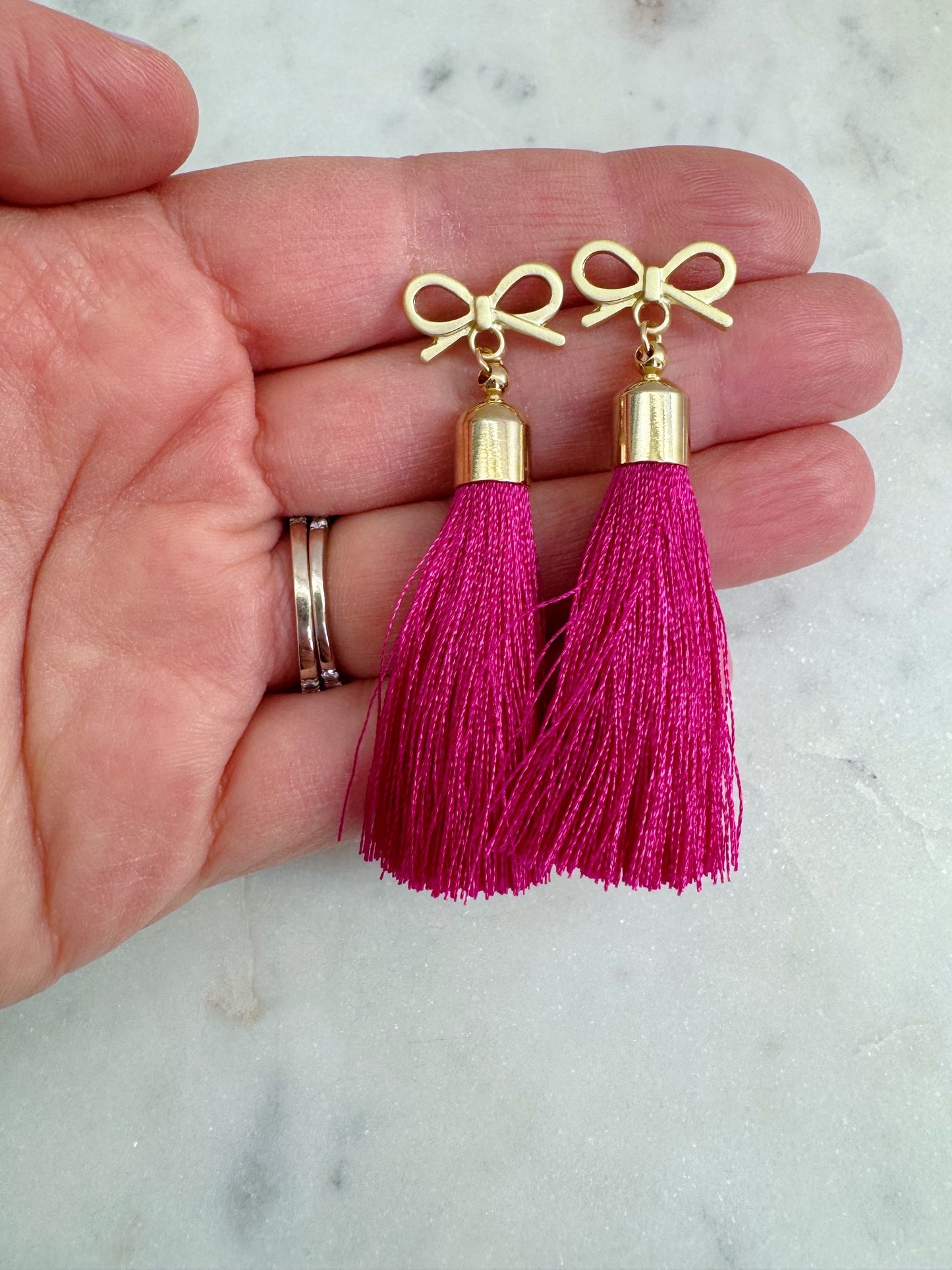 Gold Ribbon Earrings, Pink Tassel Jewelry, Valentine's Day