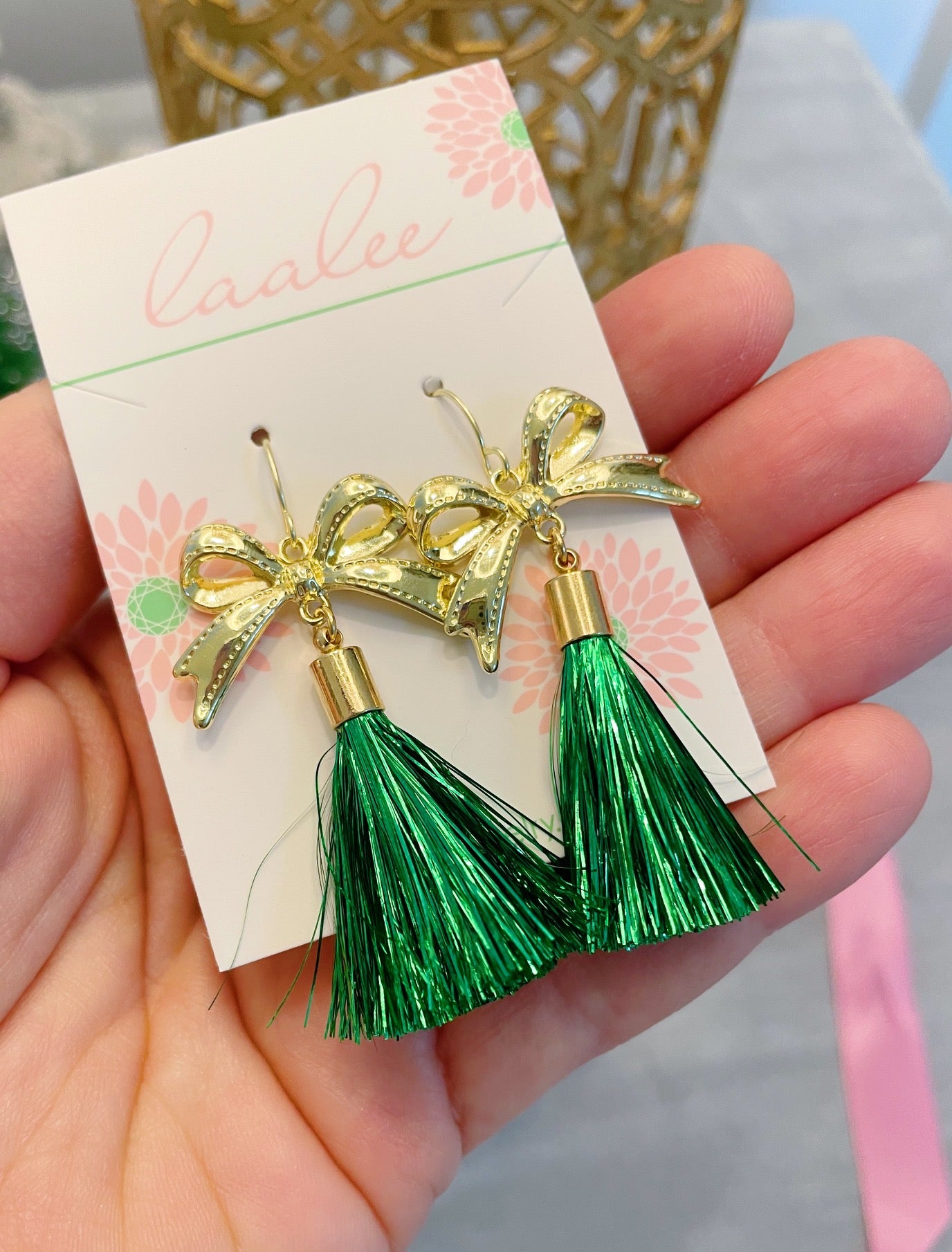 Green Tinsel Tassel Earrings, St. Patrick's Day Jewelry, Ribbon Earrings