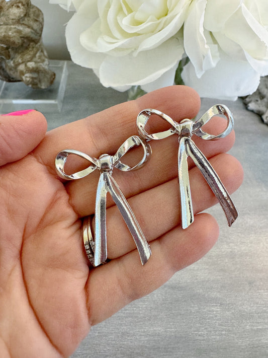 Silver Bow Earrings, Ribbon Earrings, Statement Stud Jewelry