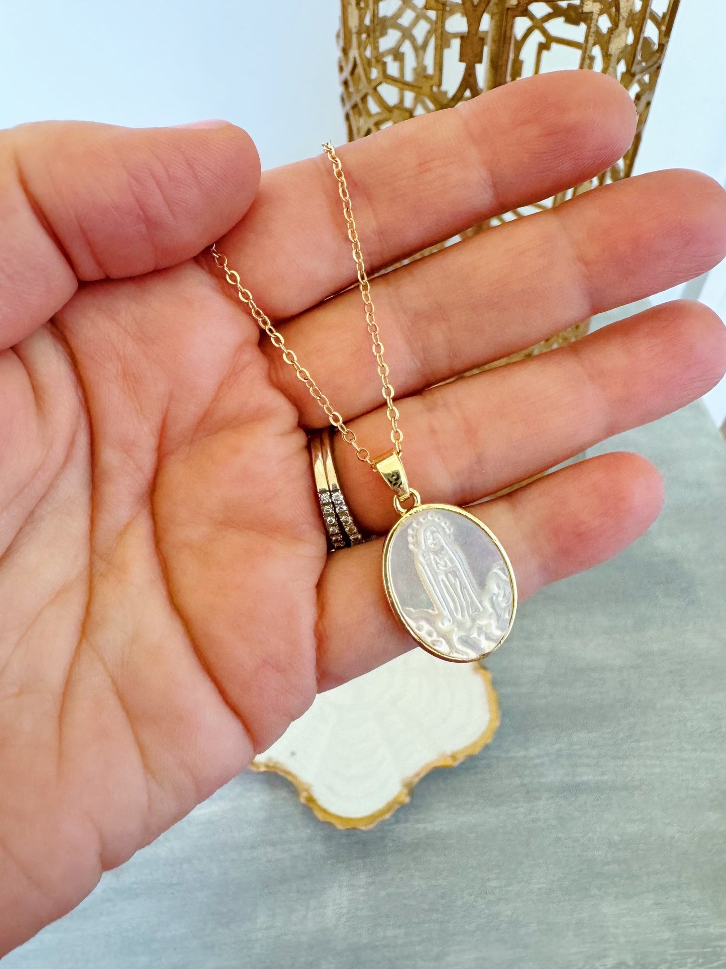 Our Lady of Fatima Necklace, Mother of Pearl Religious Jewelry