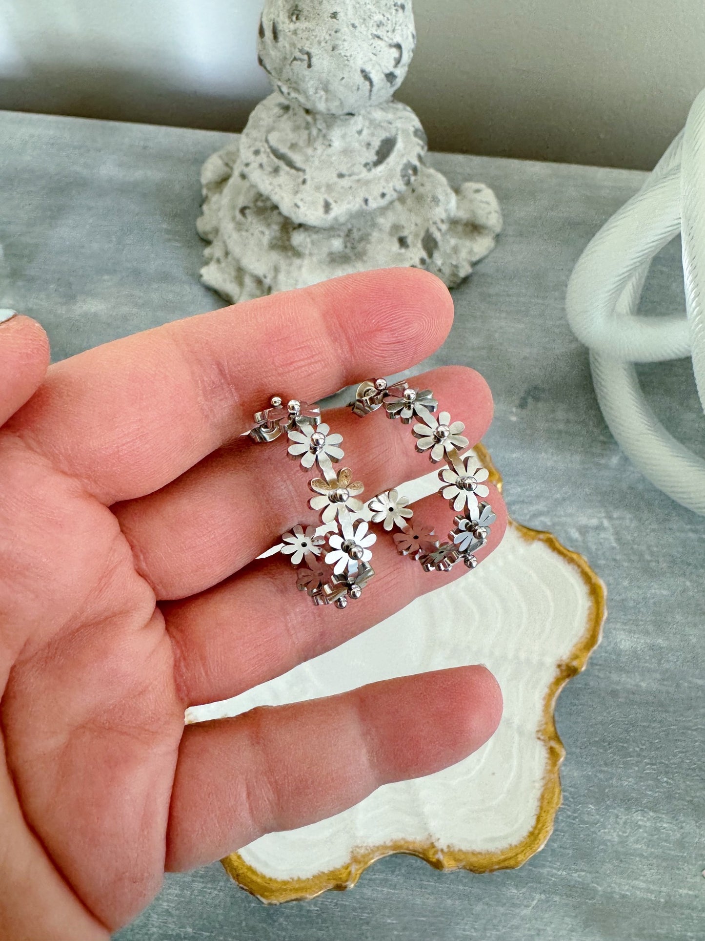 Silver Flower Hoop Earrings