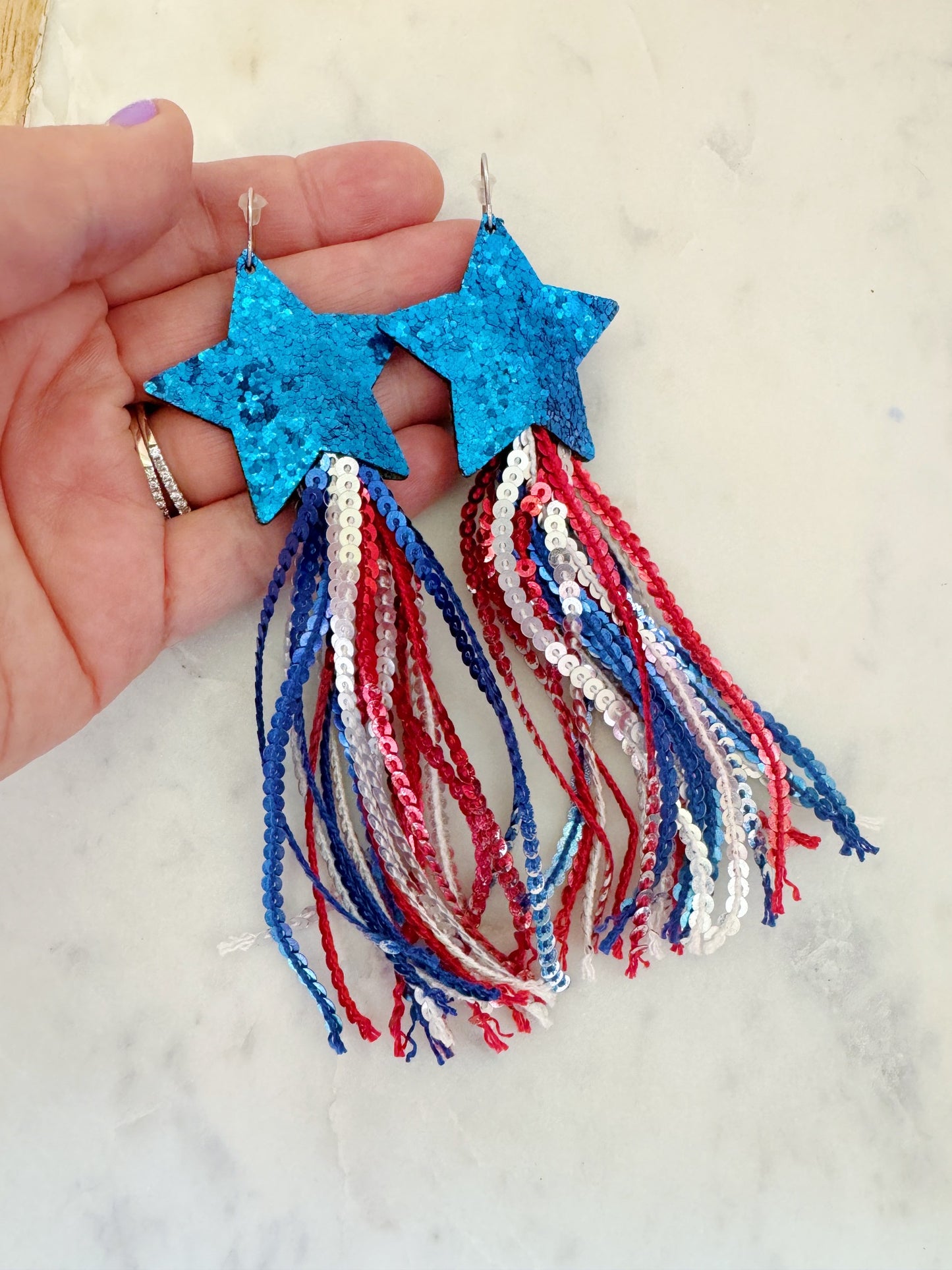 4th of July Earrings, 4th of July Jewelry, Patriotic Jewelry, Star Sequin Earrings, Red, White and Blue