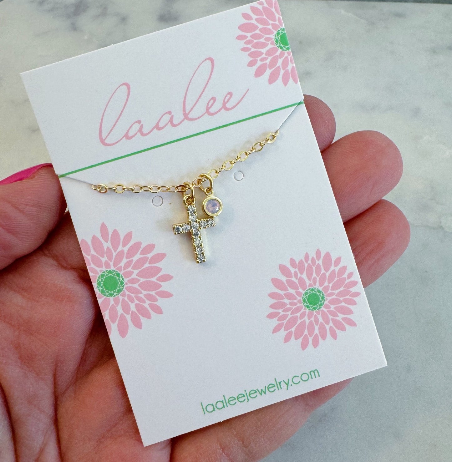 Gold Cross Necklace, Personalized Religious Jewelry, Birthstone Necklace