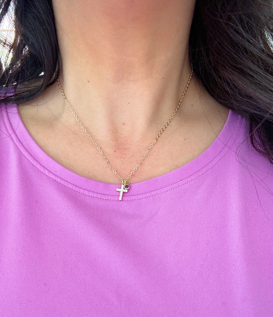 Gold Cross Necklace, Personalized Religious Jewelry, Birthstone Necklace