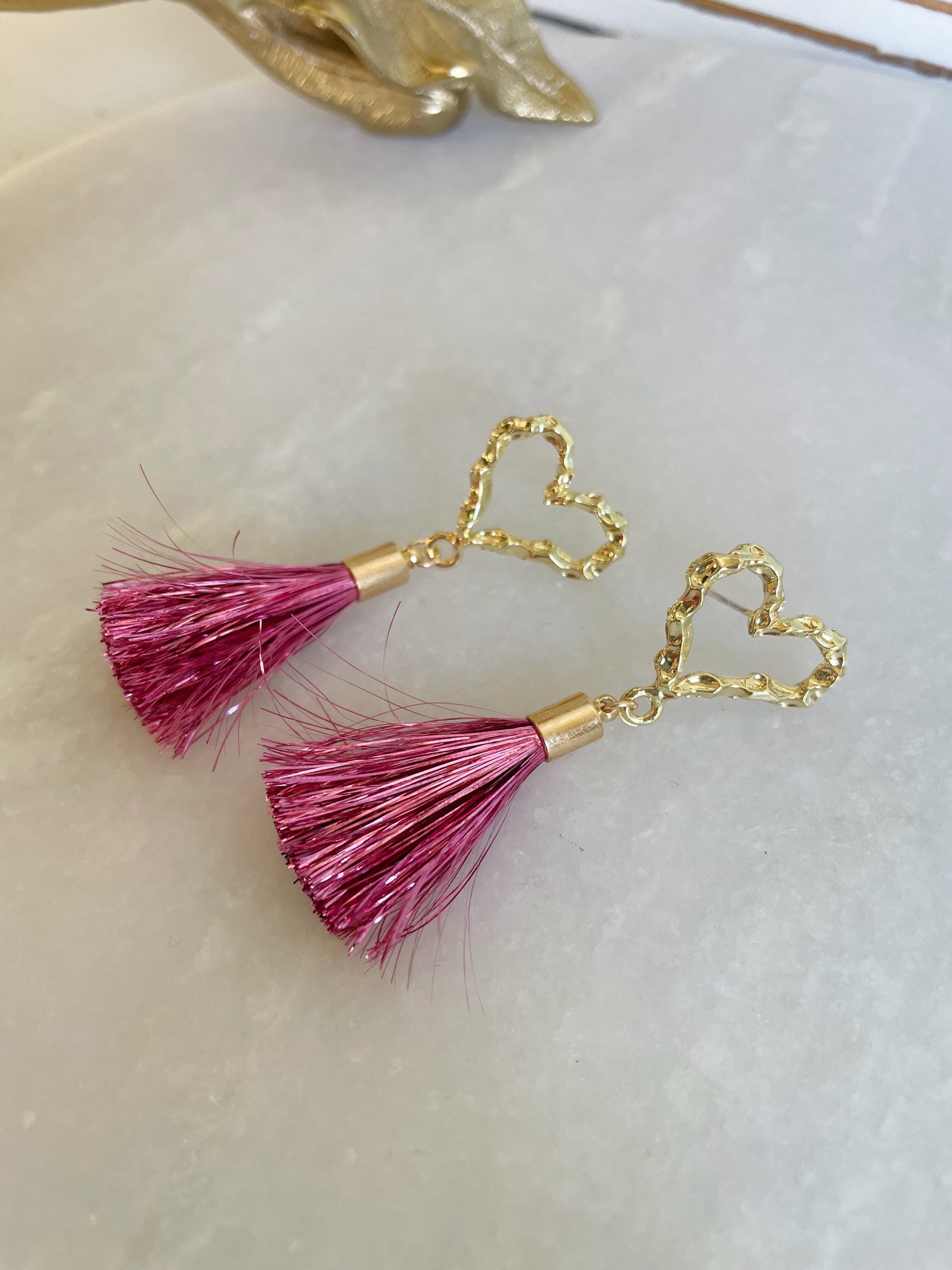 Gold Heart Earrings, Valentines Day, Tinsel Tassel Earrings