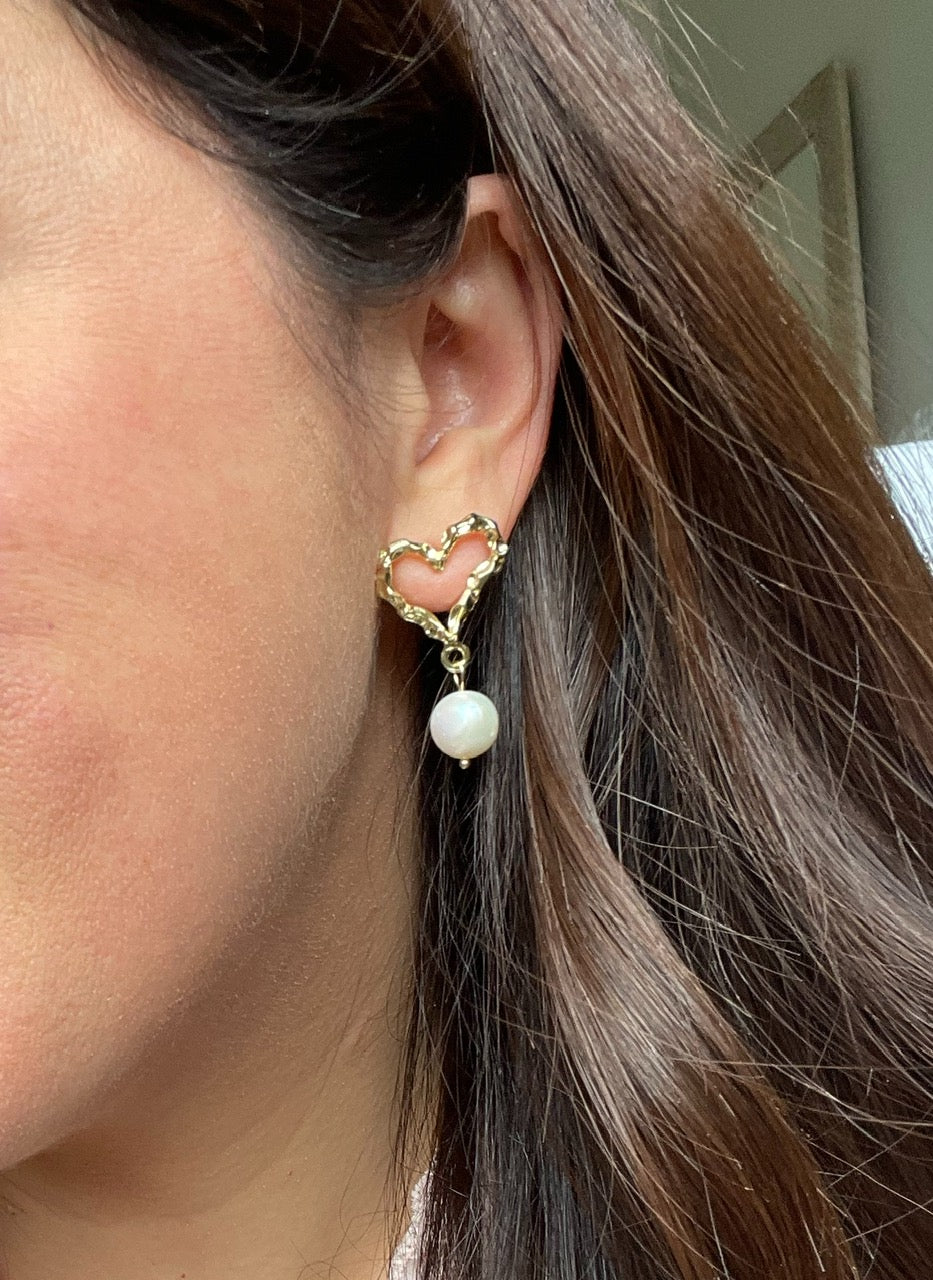 Gold Heart Pearl Drop Earrings