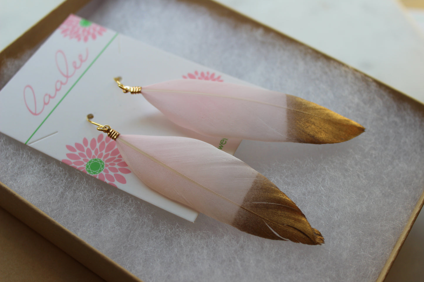 Gold Dipped Pink Feather Earrings