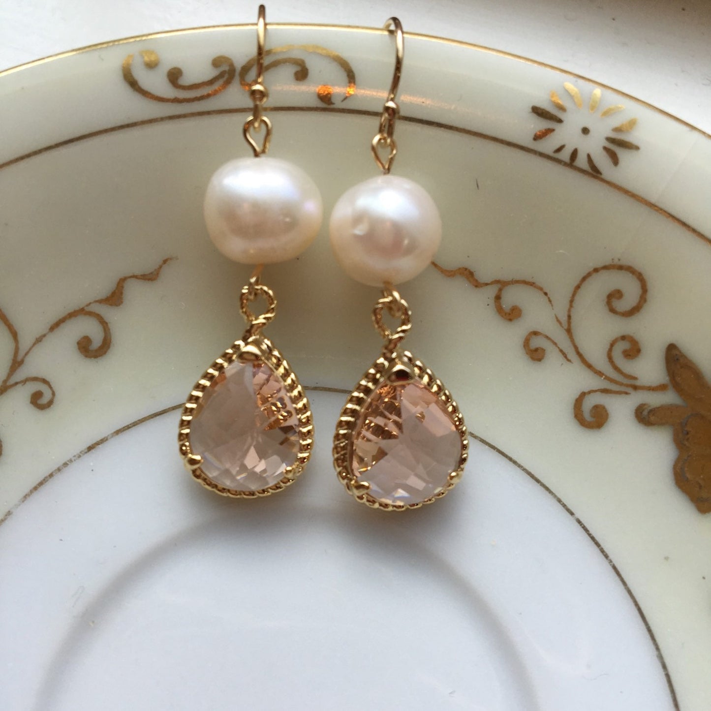 Gold Freshwater Pearl Champagne Blush Earrings Pink Peach Jewelry - Bridesmaid Earrings - Wedding Jewelry