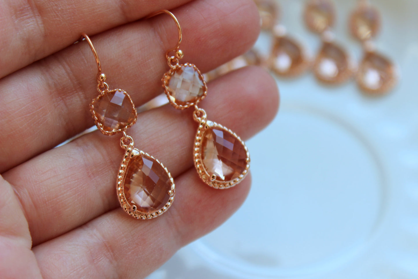 Bridesmaid Jewelry Rose Gold Blush Champagne Earrings Peach Earrings Teardrop Two Tier Wedding Earrings Wedding Jewelry Bridesmaid Jewelry