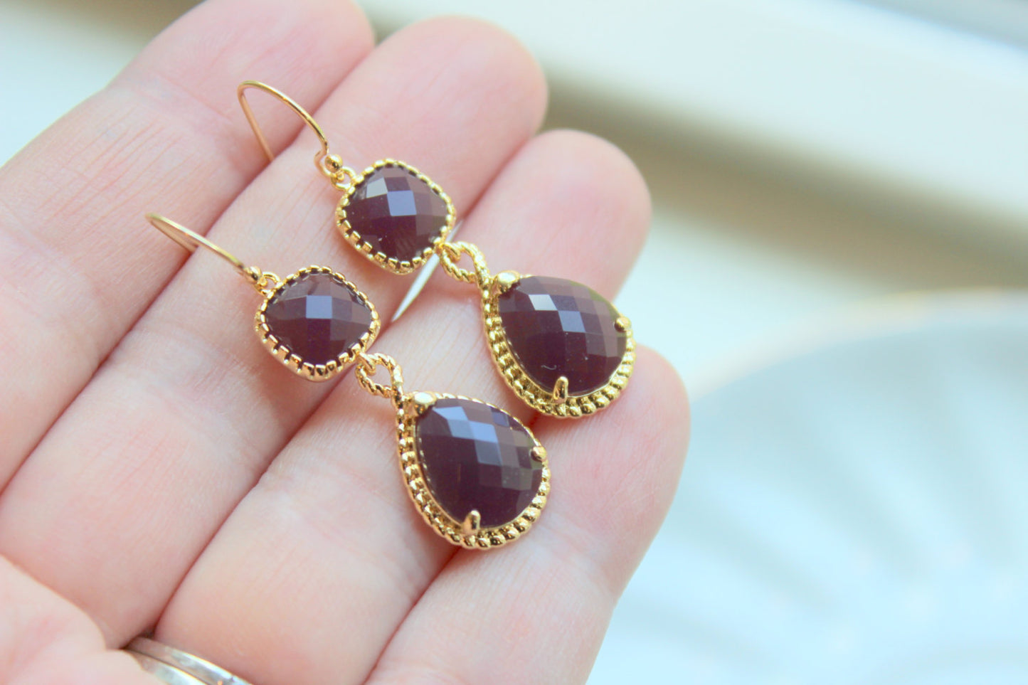 Gold Burgundy Maroon Wine Earrings - Marsala Gold Wedding, Marsala Earrings, Wedding Earrings, Marsala Jewelry, Gold Maroon Jewelry