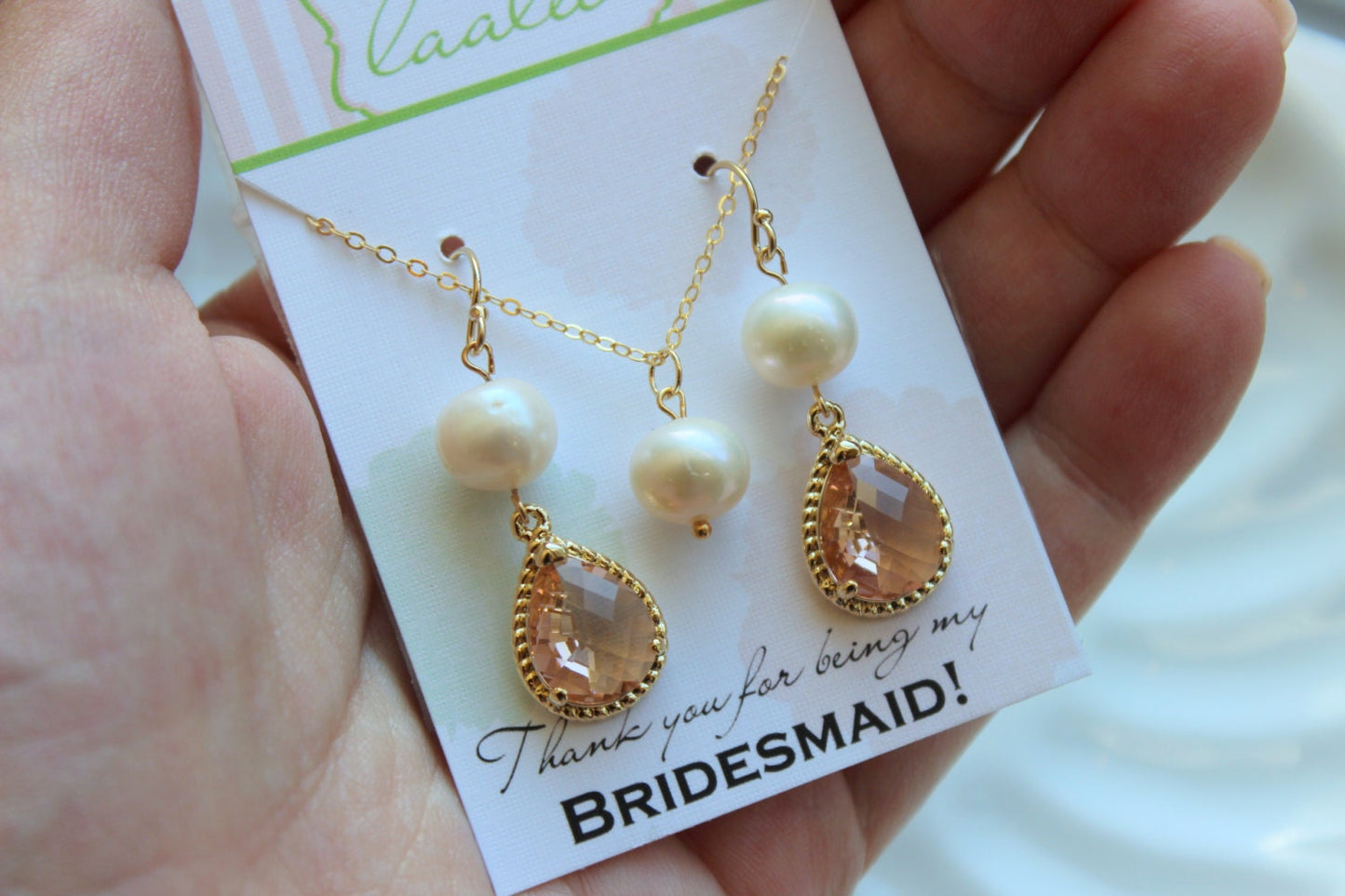Gold Freshwater Pearl Jewelry Set Champagne Blush Earrings Necklace Set - Gold filled chain - Pink Peach Jewelry Set Gold