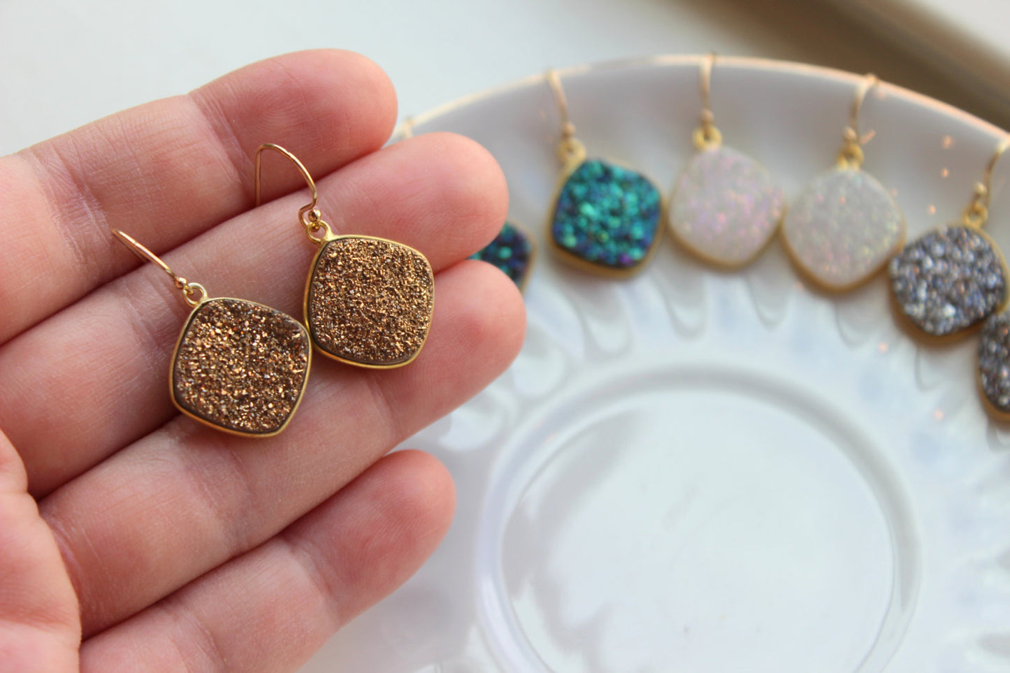 Druzy Earrings Gold Drusy Jewelry Gold Green Gray White Purple Druzy Earrings - Bridesmaid Jewelry - Christmas Gift - Wedding Earrings