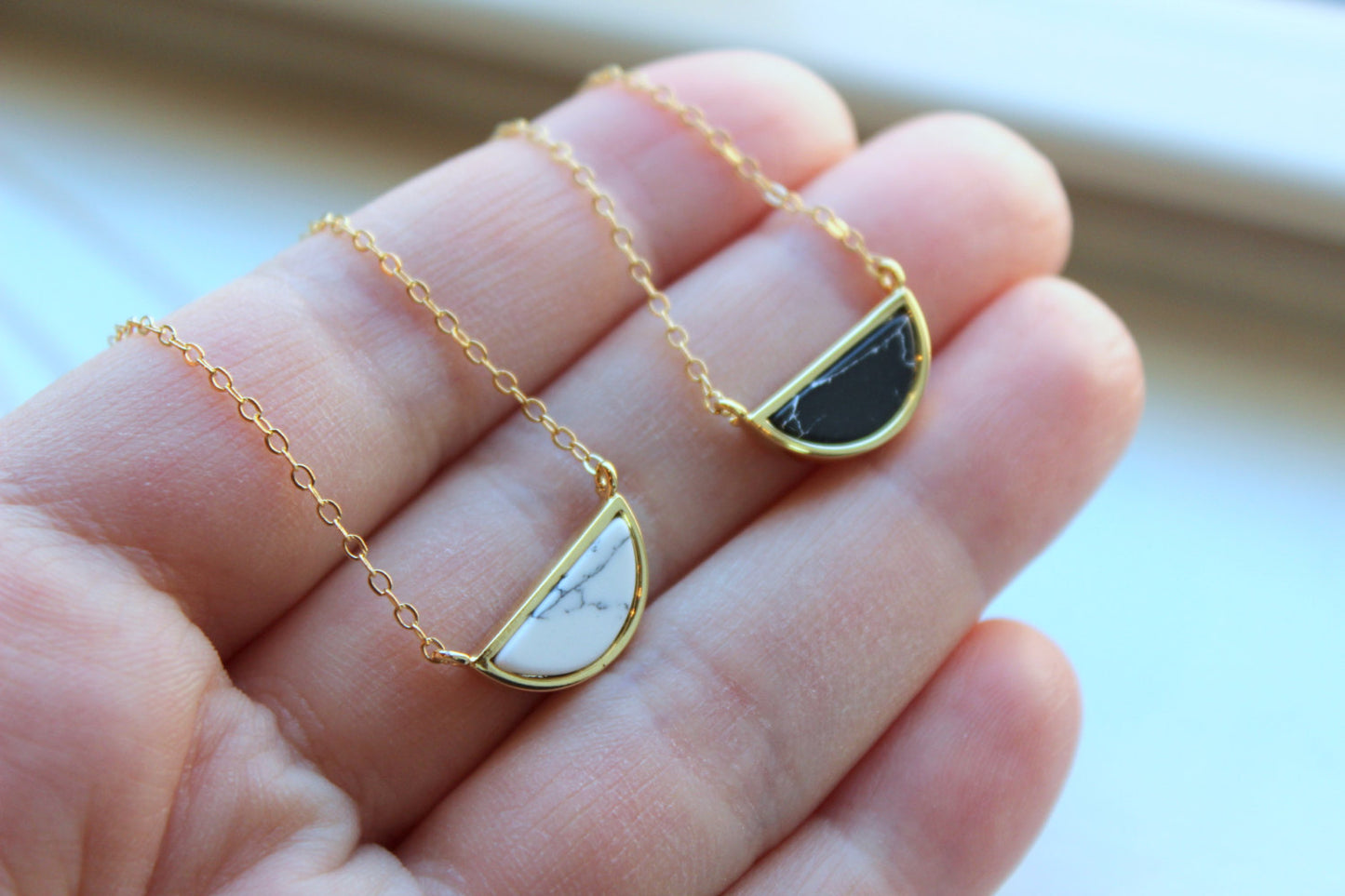 Half Moon Necklace, Howlite Jewelry, Black White Howlite Necklace, Gold Dainty Necklace, Minimalist Necklace, Marble Necklace Stone Jewelry