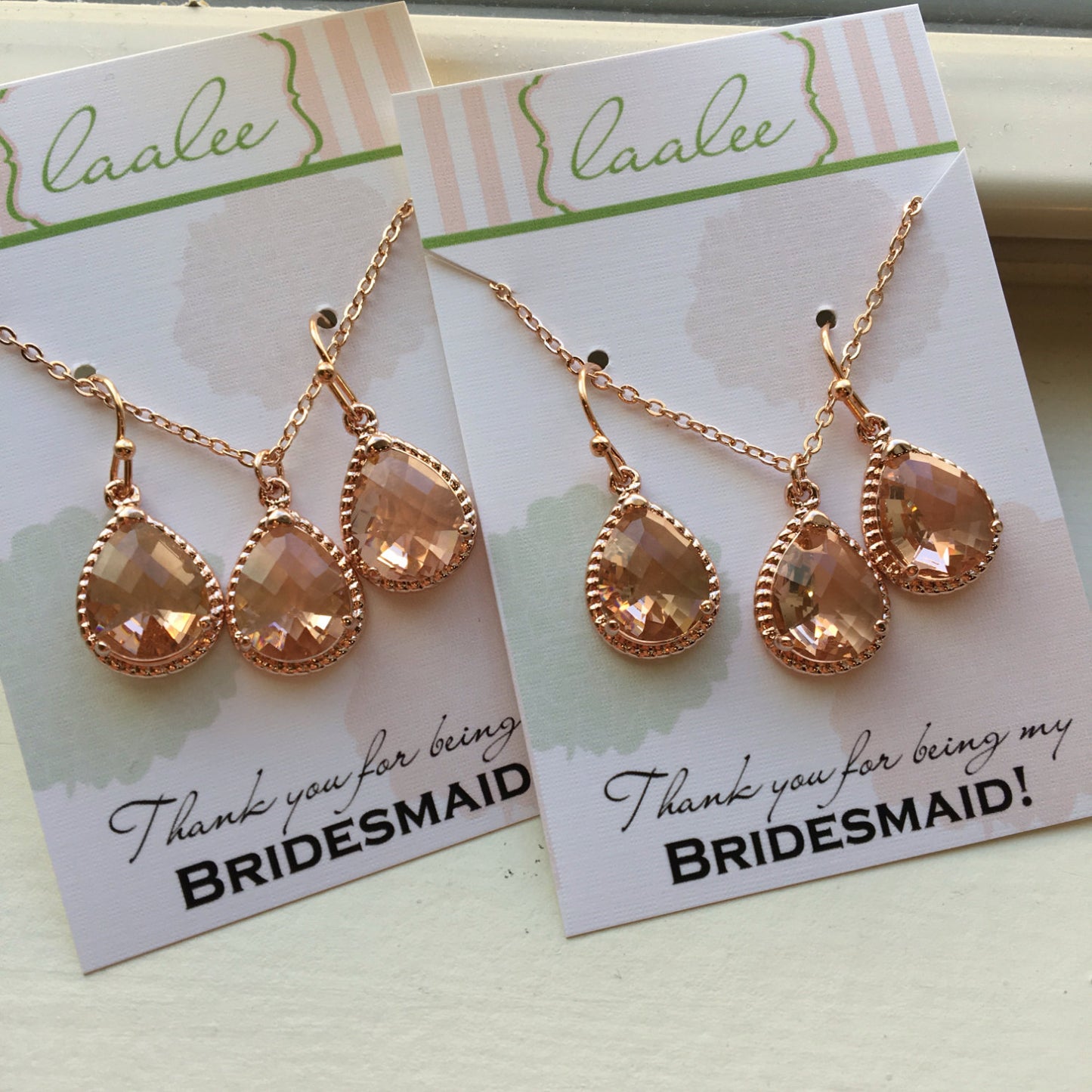 Champagne Blush Necklace and Earring Set Peach Pink Rose Gold Jewelry Set - Personalized Card Thank you for being my bridesmaid - Blush Jewe