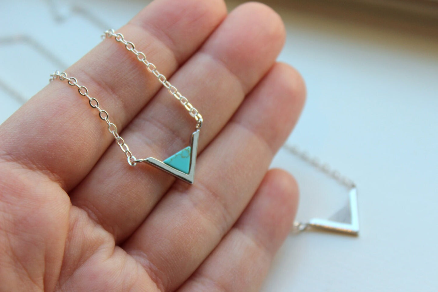 Silver Triangle Necklace Triangle Jewelry Geometric Necklace Turquoise Labradorite Marble Minimalist Jewelry Dainty Necklace Gift for Her