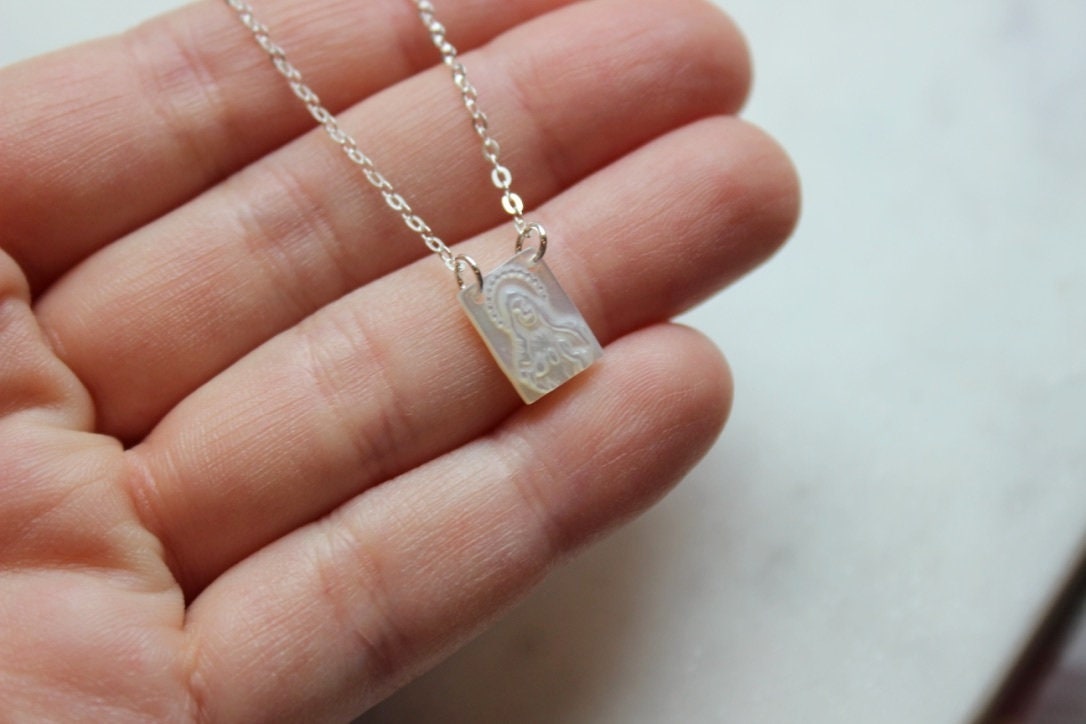 Virgin Mary Necklace, Mother of Pearl Necklace, Scapular Necklace, Religious Necklace, Blessed Mother Mary, Catholic Gift Christian Necklace