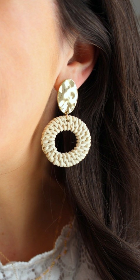 Gold Straw Earrings, Rattan Earrings, Rattan Jewelry, Straw Jewelry, Boho Earrings, Bohemian Earrings, Statement Earrings, Woven Earrings