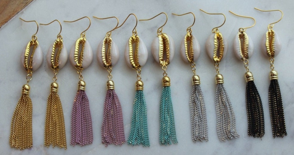 Sea Shell Earrings, Trendy Tassel Earrings, Cowrie Shell Earrings, Shell Jewelry, Beach Jewelry, 21st birthday gift, beach lover gift
