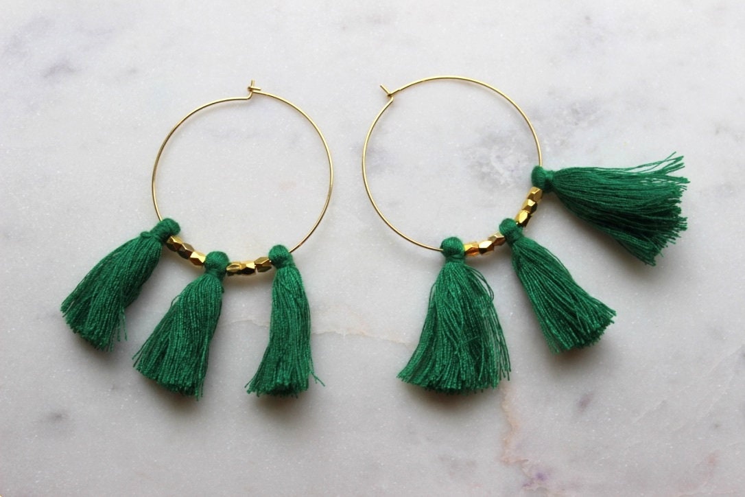Green Fringe Earrings, Green Tassel Earrings, Green Tassel Jewelry, Green and Gold Jewelry, Green and Gold Earrings, Gold Hoop Earrings