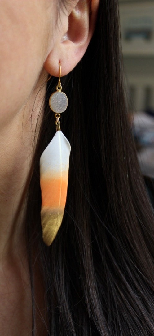 Gold Orange Earrings, Gold Dipped Feather Earrings, Gold Druzy Earrings, Orange Feather Earrings, Statement Earrings, Statement Jewelry