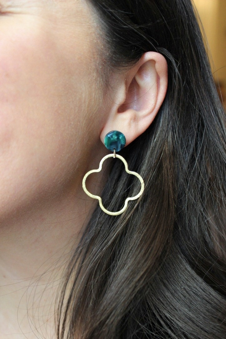Gold Clover Earrings, Gold Cross Earrings, Gold Stud Earrings, Resin Acrylic Stud Earrings, Clover Stud Earrings, Gold Clover Jewelry