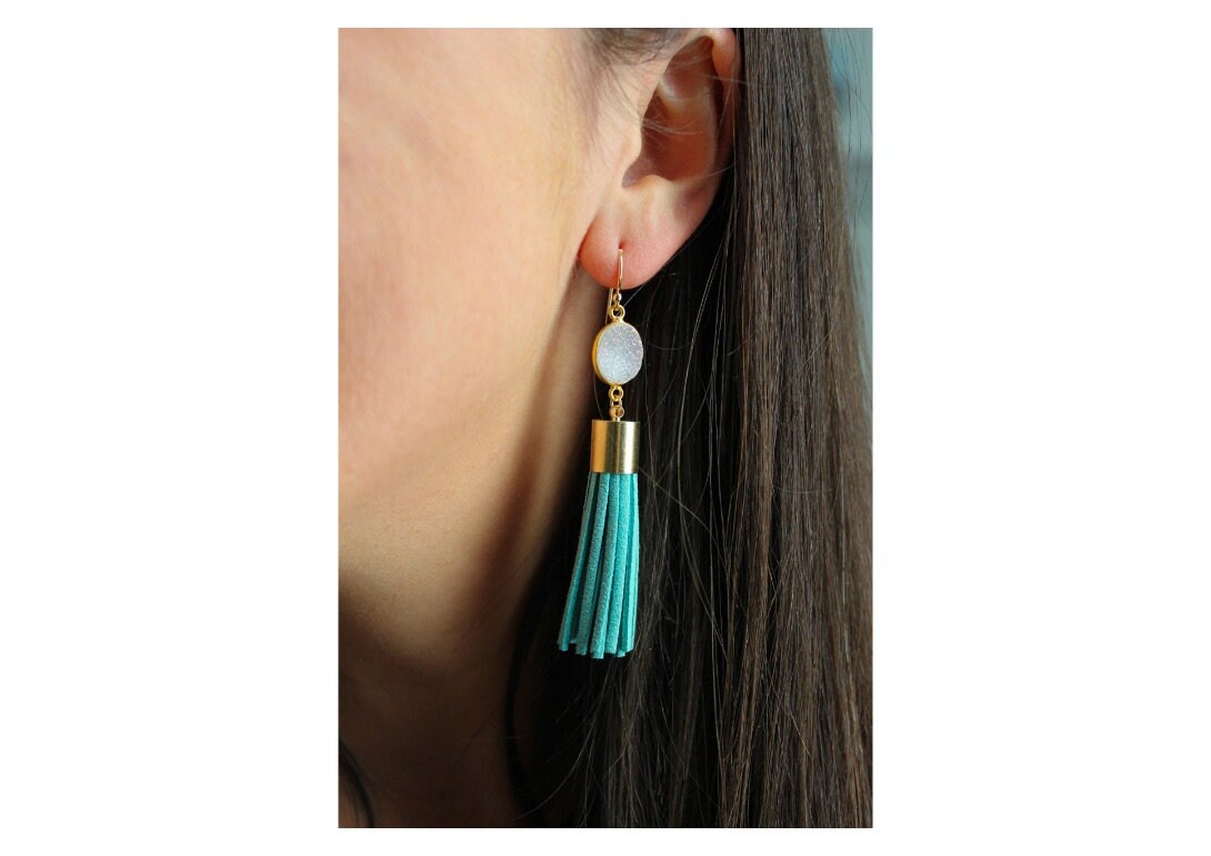 Turquoise Tassel Earrings, White Druzy Earrings, Turquoise Statement Earrings, Fringe Earrings, Druzy Jewelry, Tassel Jewelry, Blue Tassel