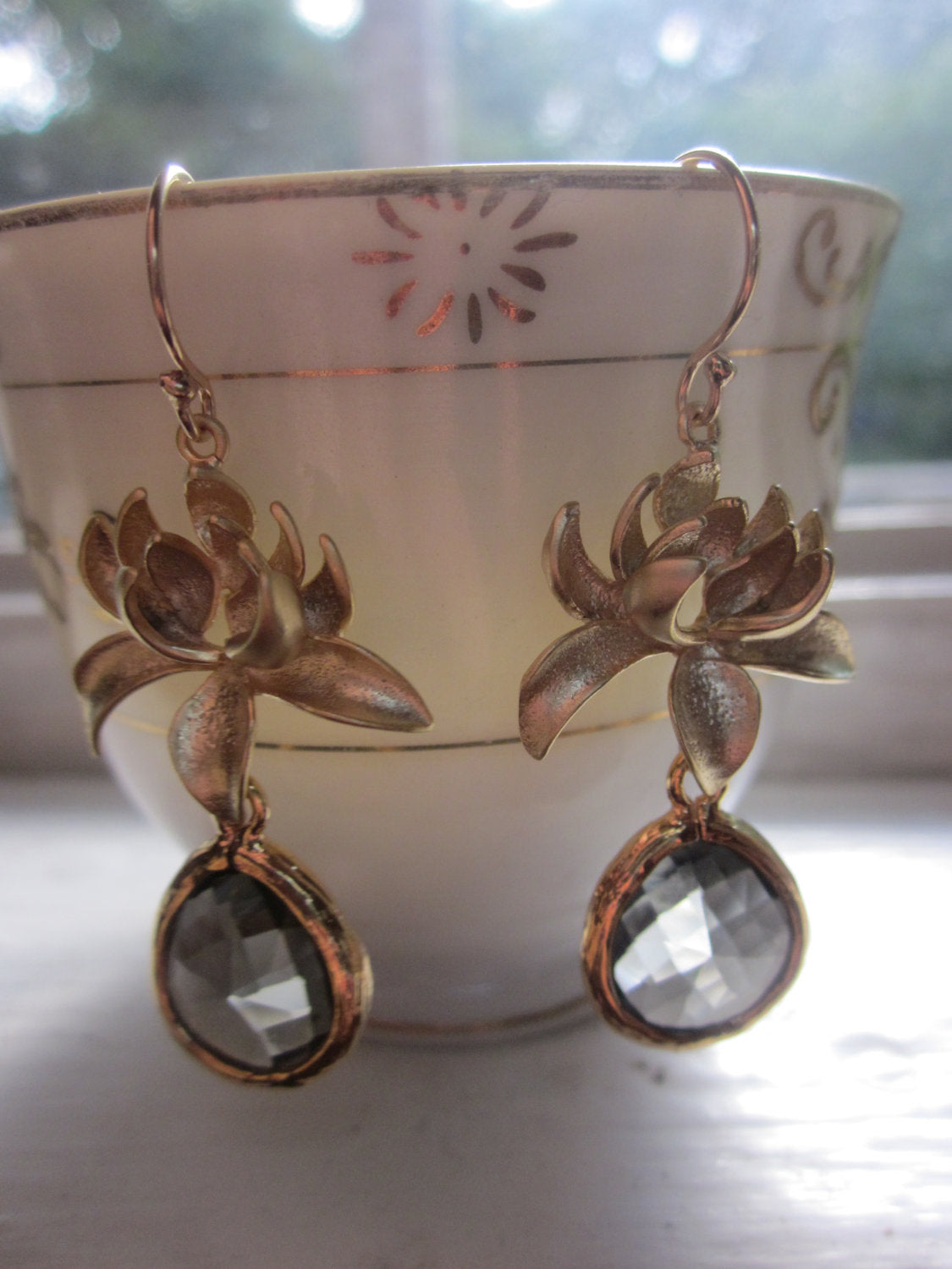 Charcoal Gray Earrings Gold Blossoms - Bridesmaid Earrings - Bridal Earrings - Wedding Jewelry