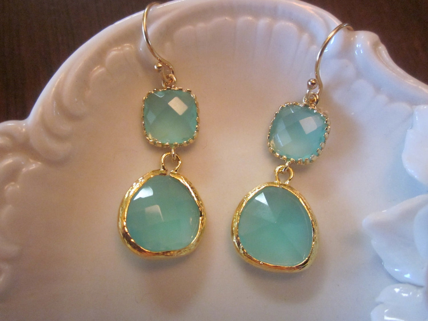 Aqua Blue Earrings Gold Mint Earrings - Bridesmaid Earrings Wedding Earrings Valentines Day Gift Holiday Present