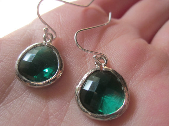 Necklace & Earring SET - EMERALD GREEN Glass Gem Pendants on Sterling Silver Earwires and Chain