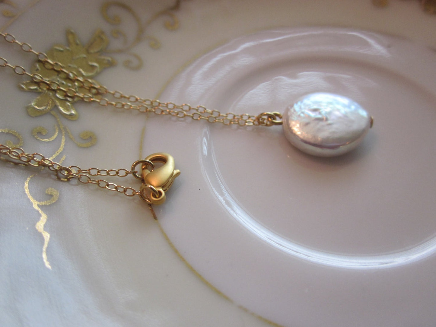 Freshwater White Coin Pearl Jewelry SET - Necklace Earrings - 12mm Coin Pearls on Gold Filled Chain and Earwires