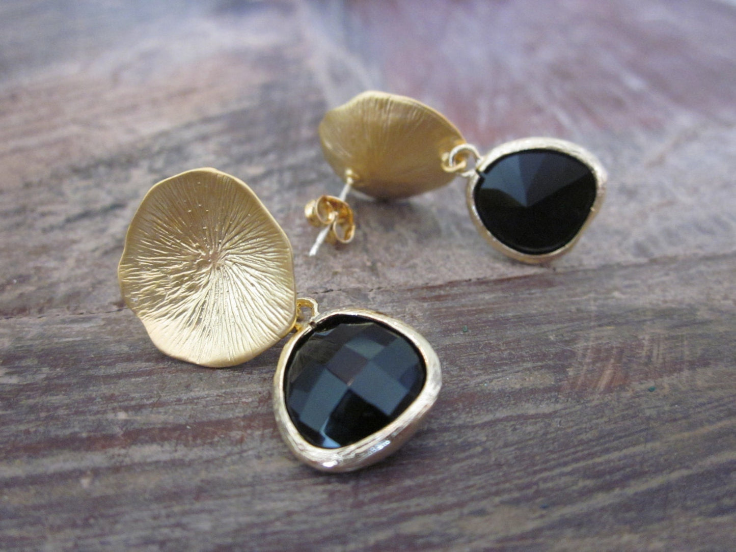 Black Onyx Earrings with Gold Mushroom Coral - Bridesmaid Earrings - Bridal Earrings