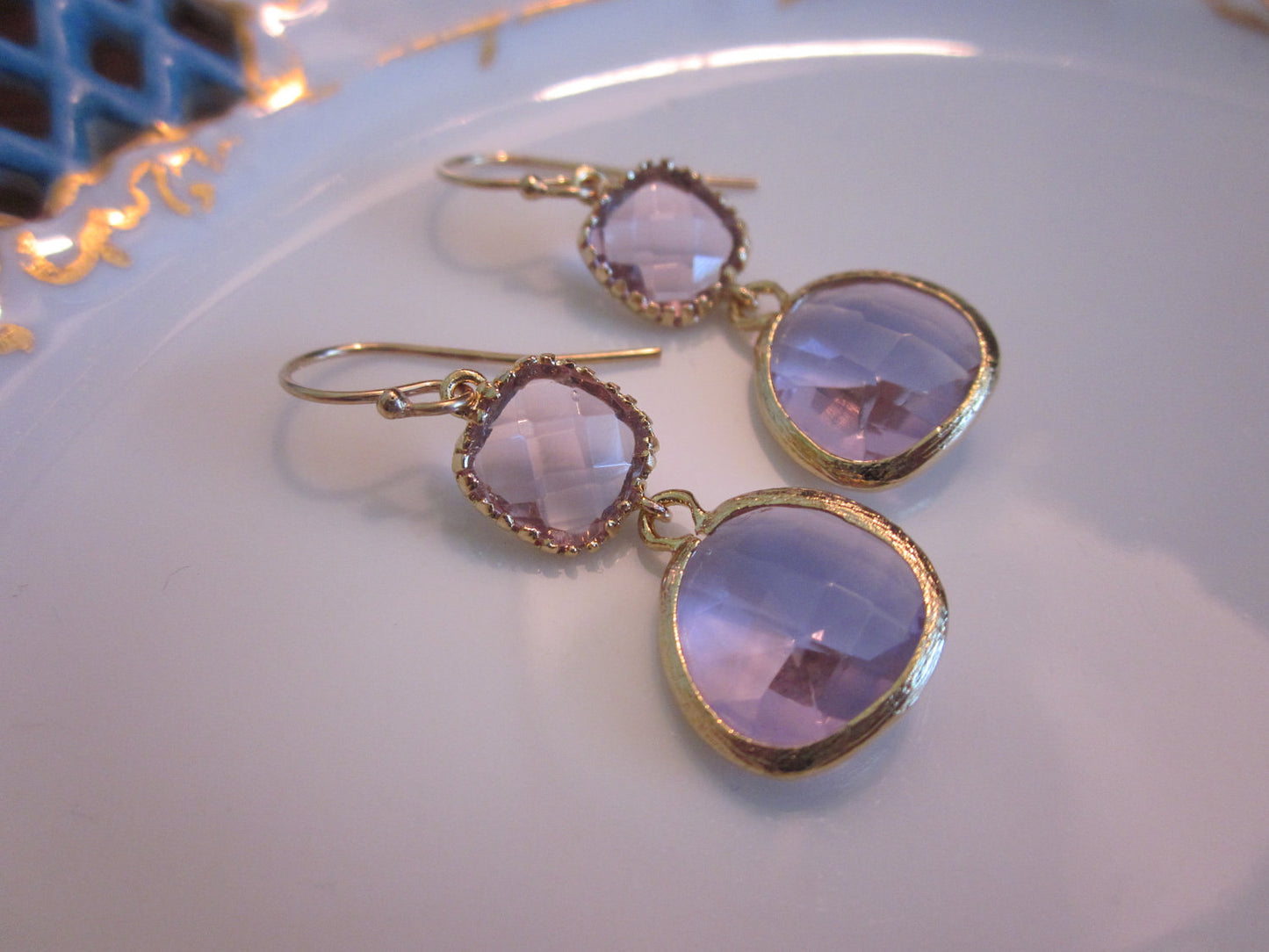 Lavender Earrings Gold - Purple Earrings Two Tier Glass Earrings - Bridesmaid Earrings - Bridal Earrings - Wedding Earrings