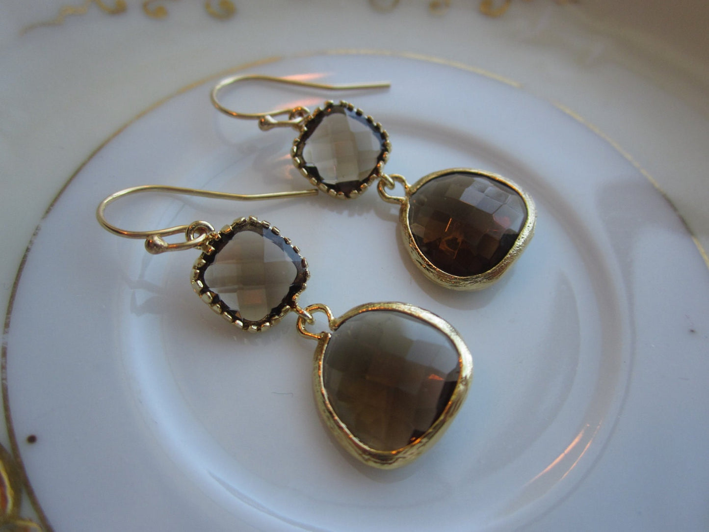 Smoky Brown Earrings Two Tier - Bridesmaid Earrings - Bridal Earrings - Wedding Jewelry