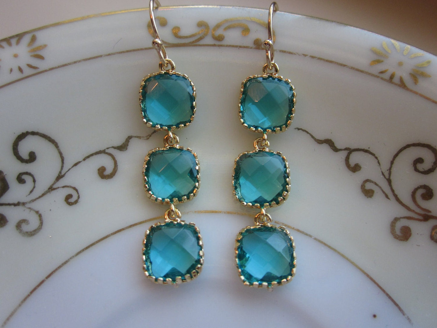 Sea Blue Earrings - Sea Green Earrings Gold - Wedding Earrings - Bridesmaid Earrings - Bridal Earrings