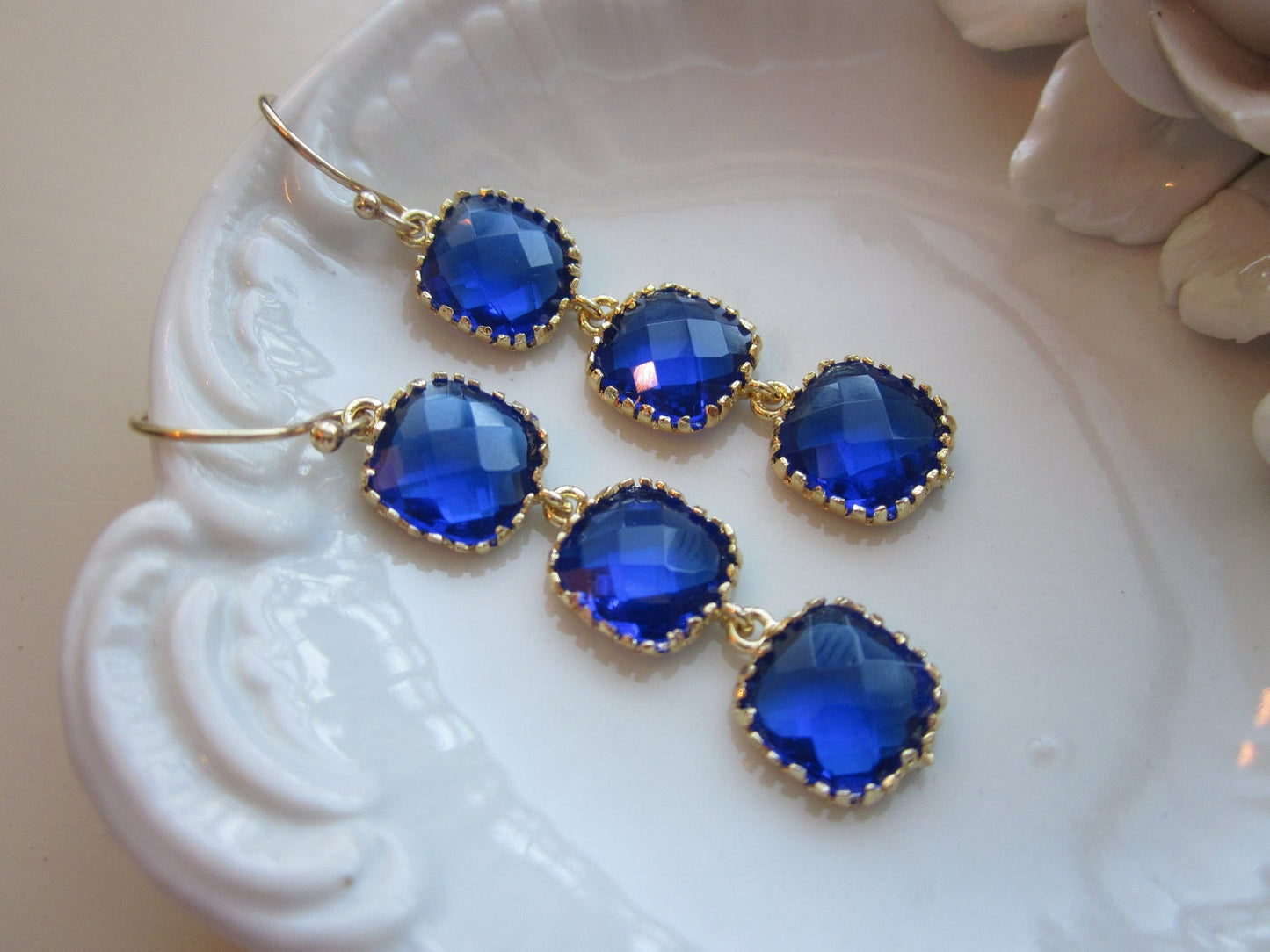 Cobalt Blue Earrings Gold three tier blocks Wedding Earrings - Bridesmaid Earrings - Bridal Earrings