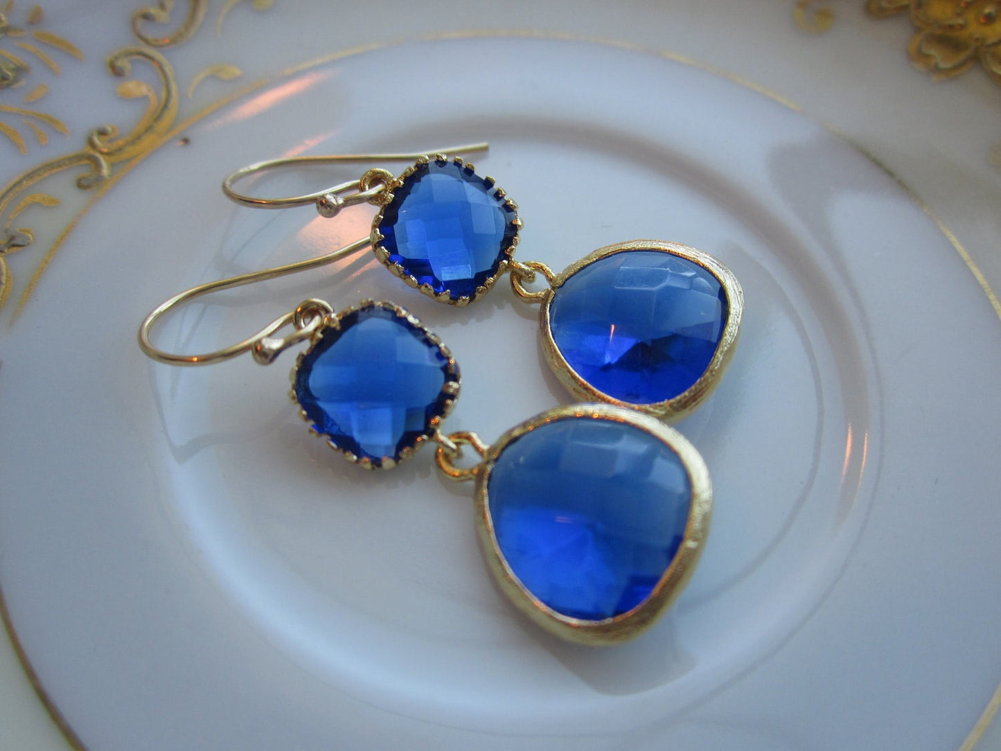 Cobalt Blue Earrings Gold - Gold Plated - Bridesmaid Earrings Wedding Earrings Valentines Day Gift
