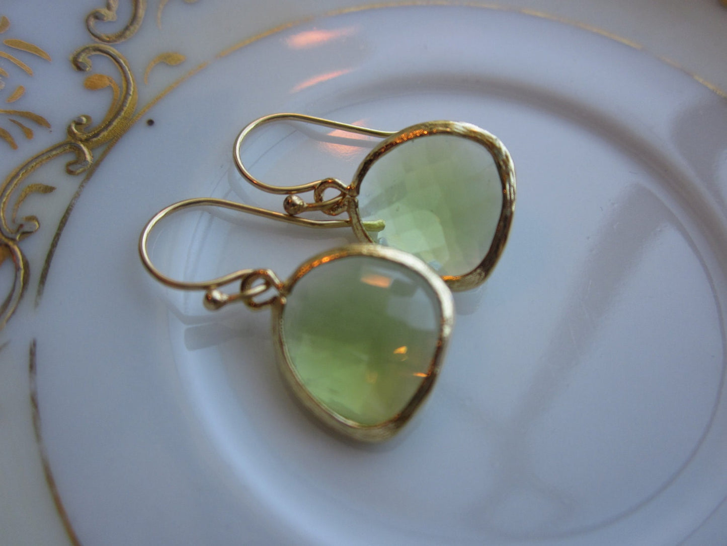 Peridot Earrings Apple Green - 16k Gold Plated Glass Earrings - Bridesmaid Earrings - Wedding Earrings - Valentines Day Gift