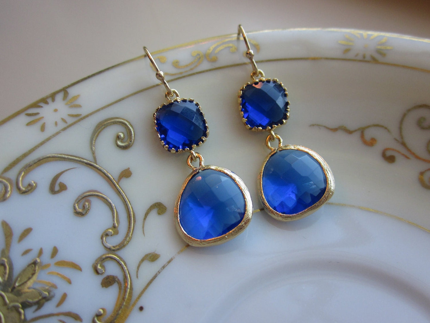 Cobalt Blue Earrings Gold - Gold Plated - Bridesmaid Earrings Wedding Earrings Valentines Day Gift