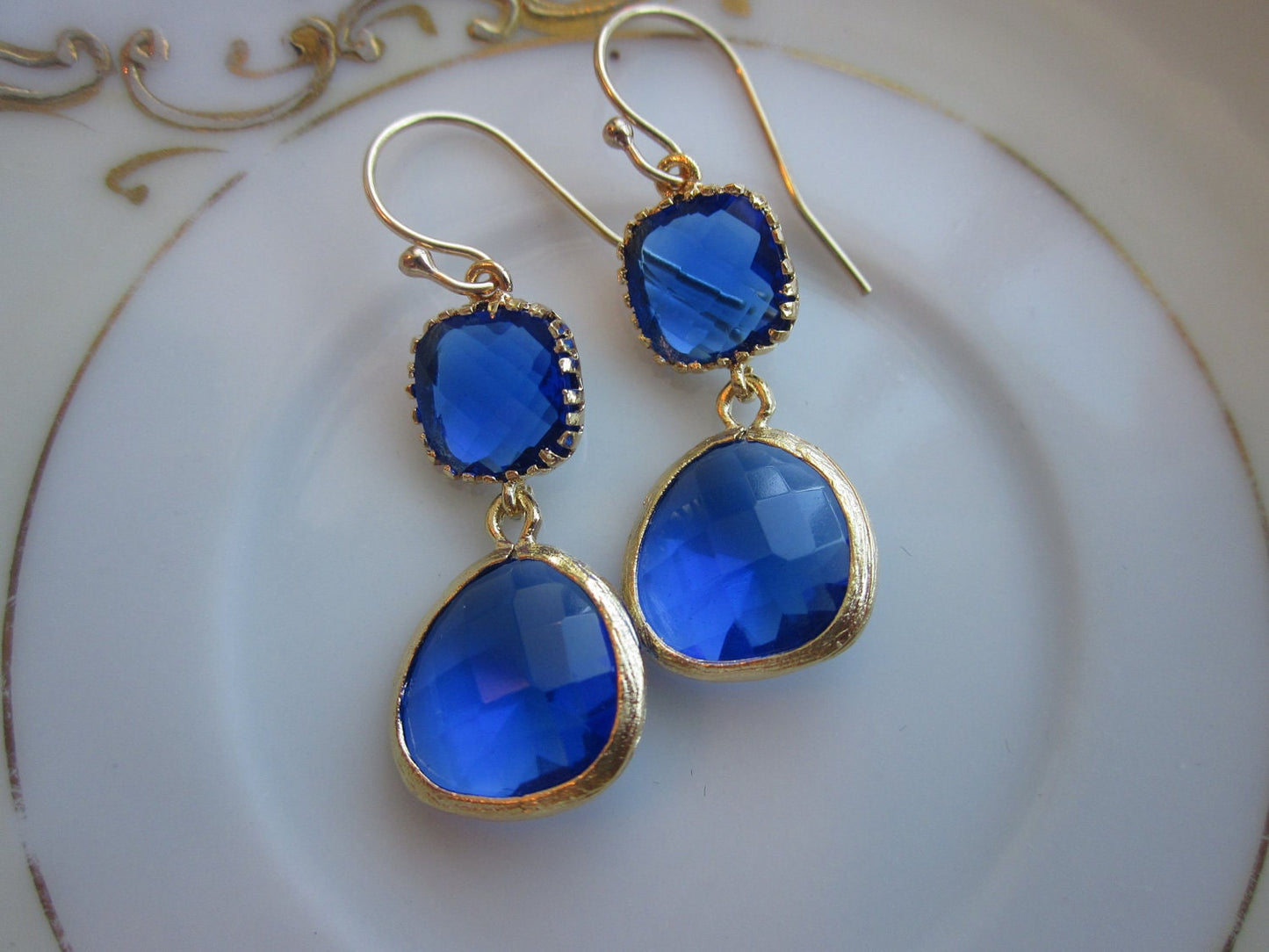 Cobalt Blue Earrings Gold - Gold Plated - Bridesmaid Earrings Wedding Earrings Valentines Day Gift