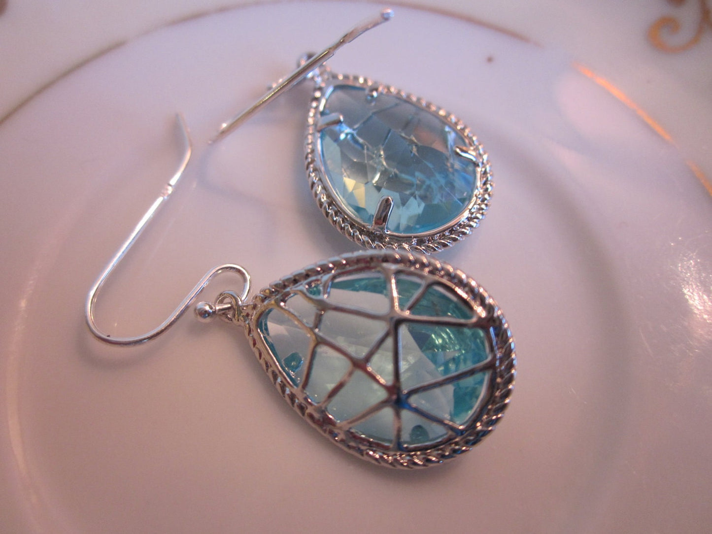 Aquamarine Earrings Blue Silver Twisted Design Sterling Silver Earwires - Bridesmaid Earrings Wedding Earrings Bridal Earrings