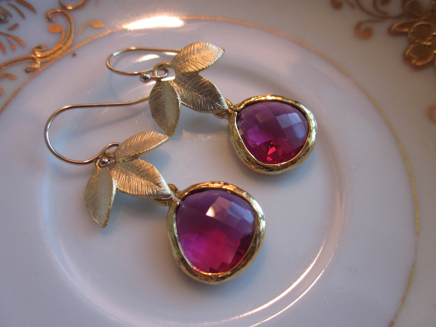 Fuchsia Earrings Pink Three Gold Leaf - Bridesmaid Earrings - Bridal Earrings