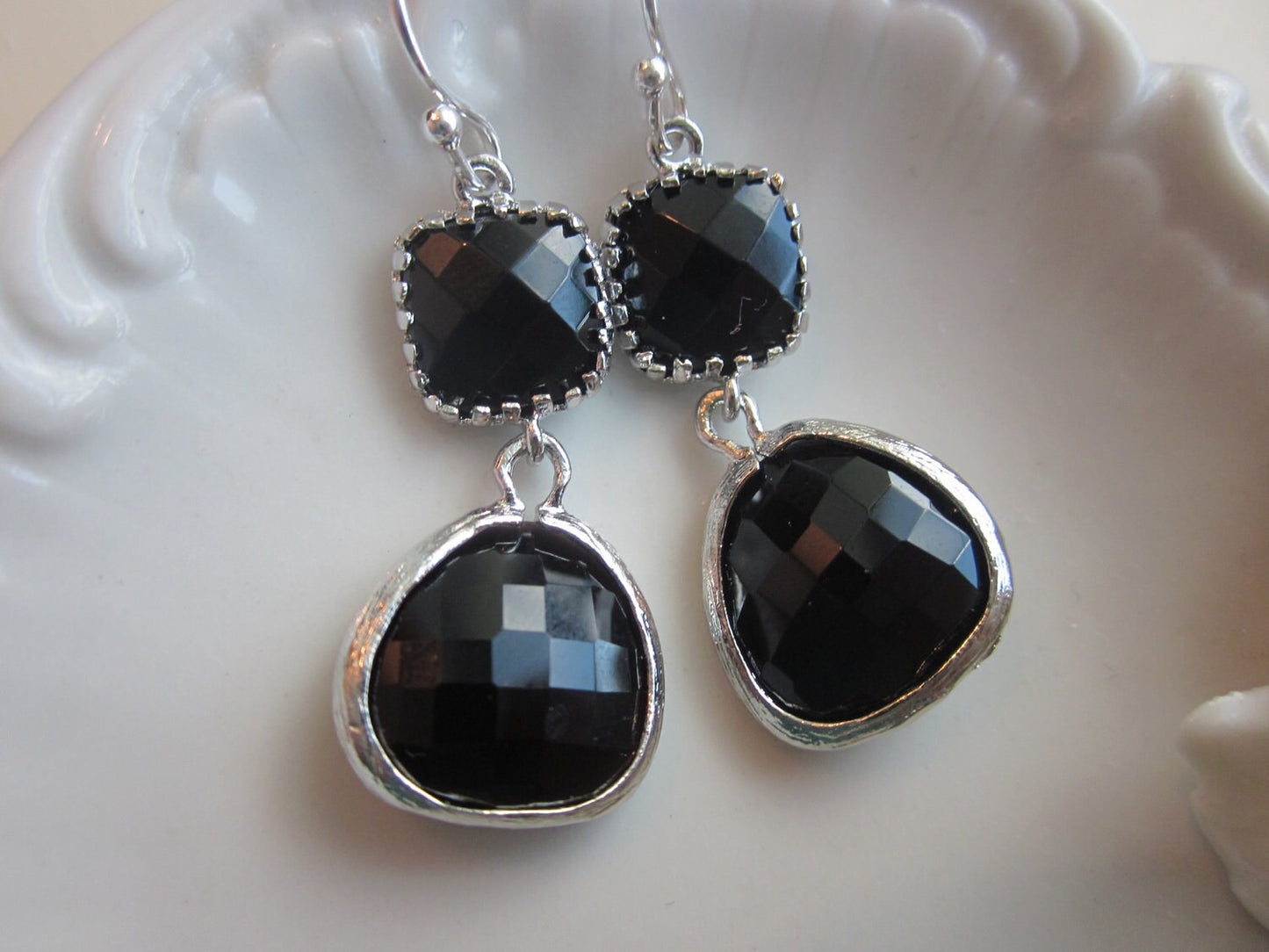 Black Onyx Earrings Silver Two Tier - Sterling Silver Earwires - Bridesmaid Earrings Wedding Earrings Bridal Earrings