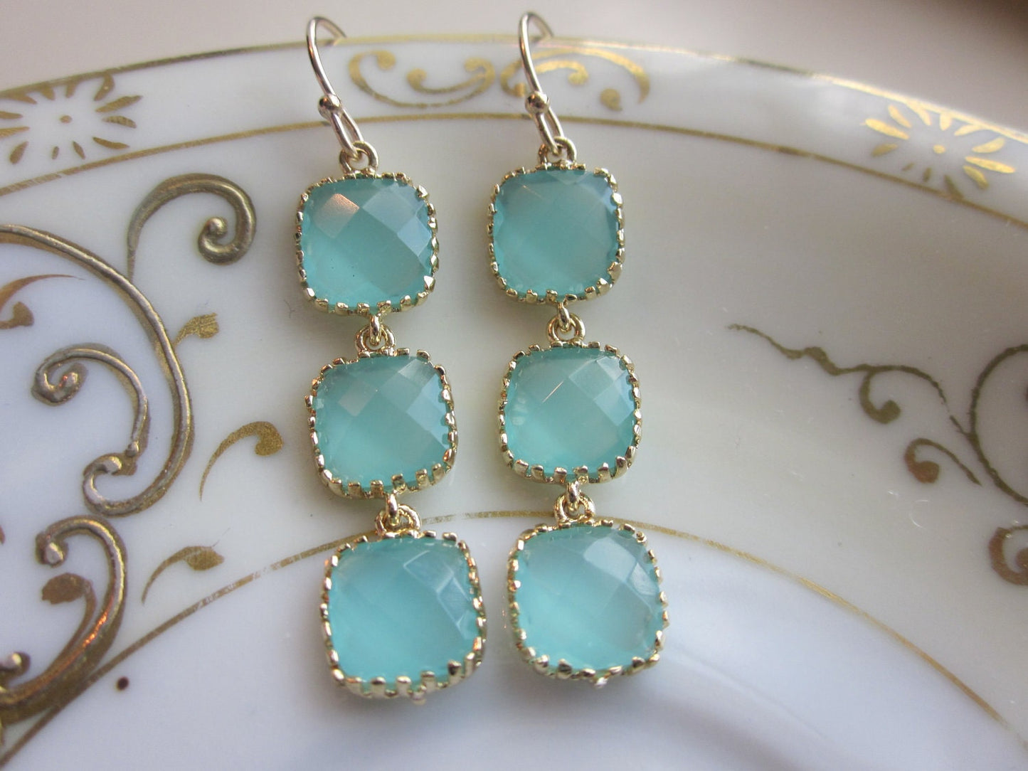 Aqua Blue Mint Earrings Gold Plated - Three Tier Squares - Bridesmaid Earrings - Bridal Earrings - Bridesmaid Jewelry - Mint Wedding Jewelr