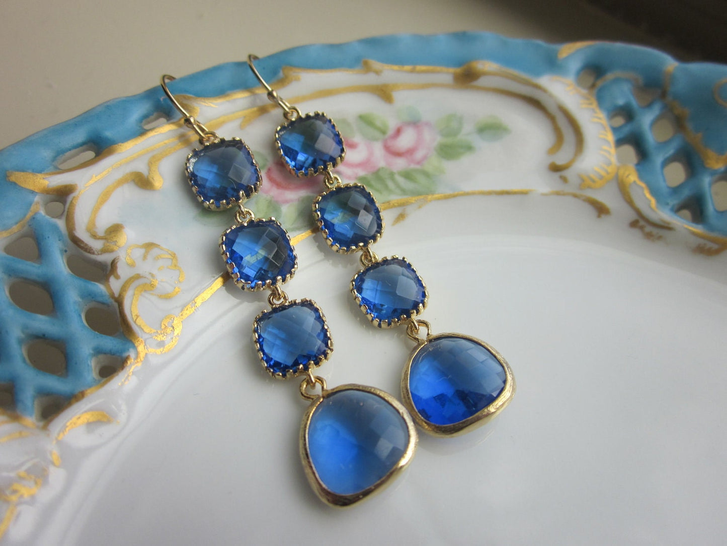 Cobalt Earrings Blue Gold Plated Earrings 4 tier - Bridesmaid Earrings - Wedding Jewelry - Bridal Earrings - Valentines Day Gift