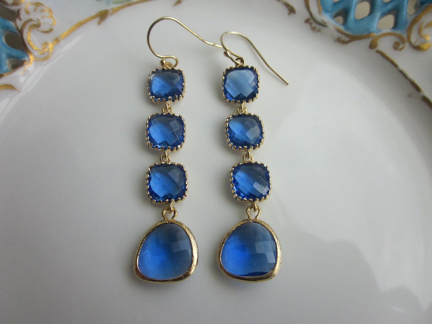 Cobalt Earrings Blue Gold Plated Earrings 4 tier - Bridesmaid Earrings - Wedding Jewelry - Bridal Earrings - Valentines Day Gift