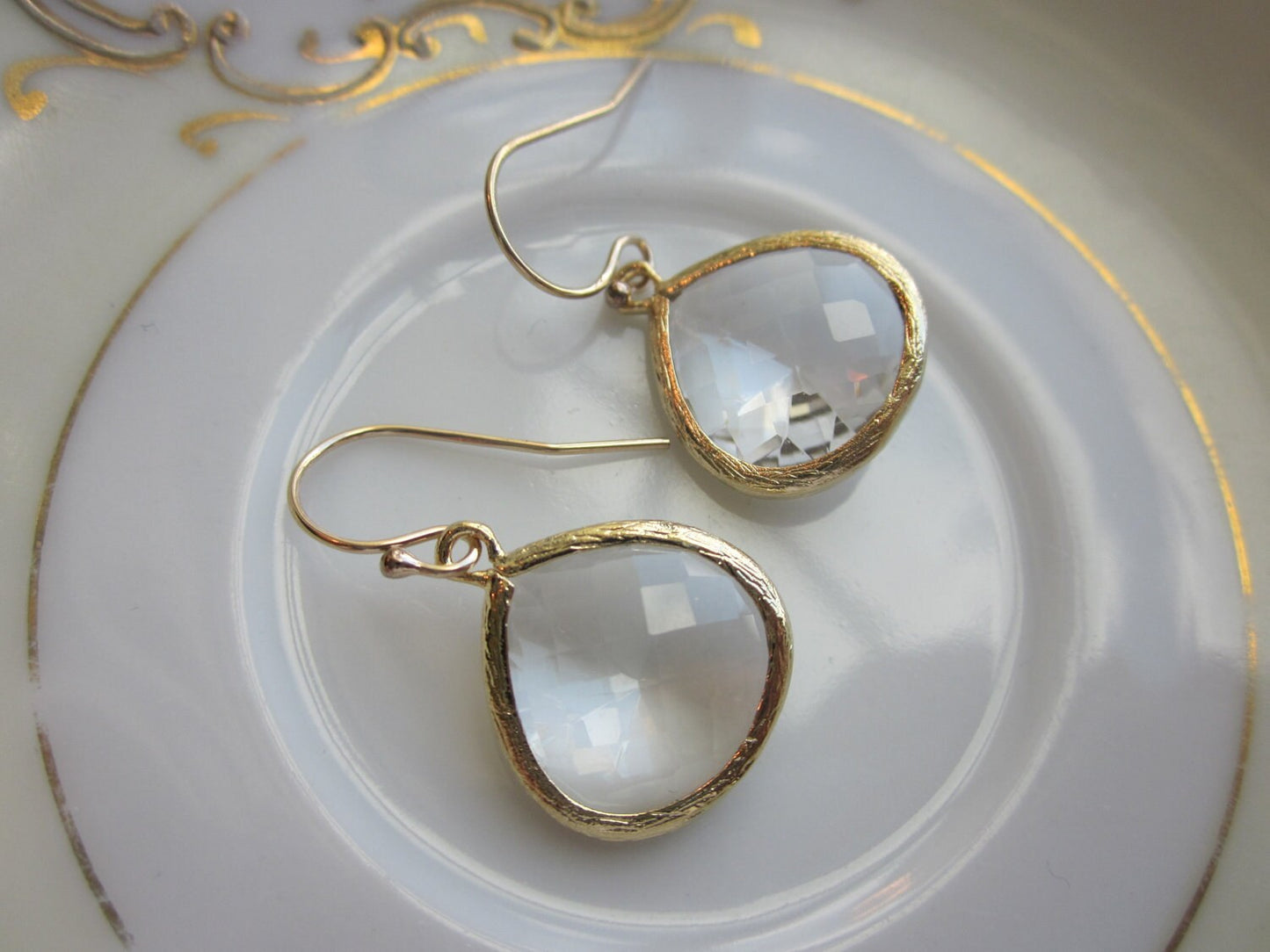 Large Crystal Earrings Gold Plated Pendant - Wedding Jewelry - Bridal Earrings - Bridesmaid Earrings - Valentines Day Gift