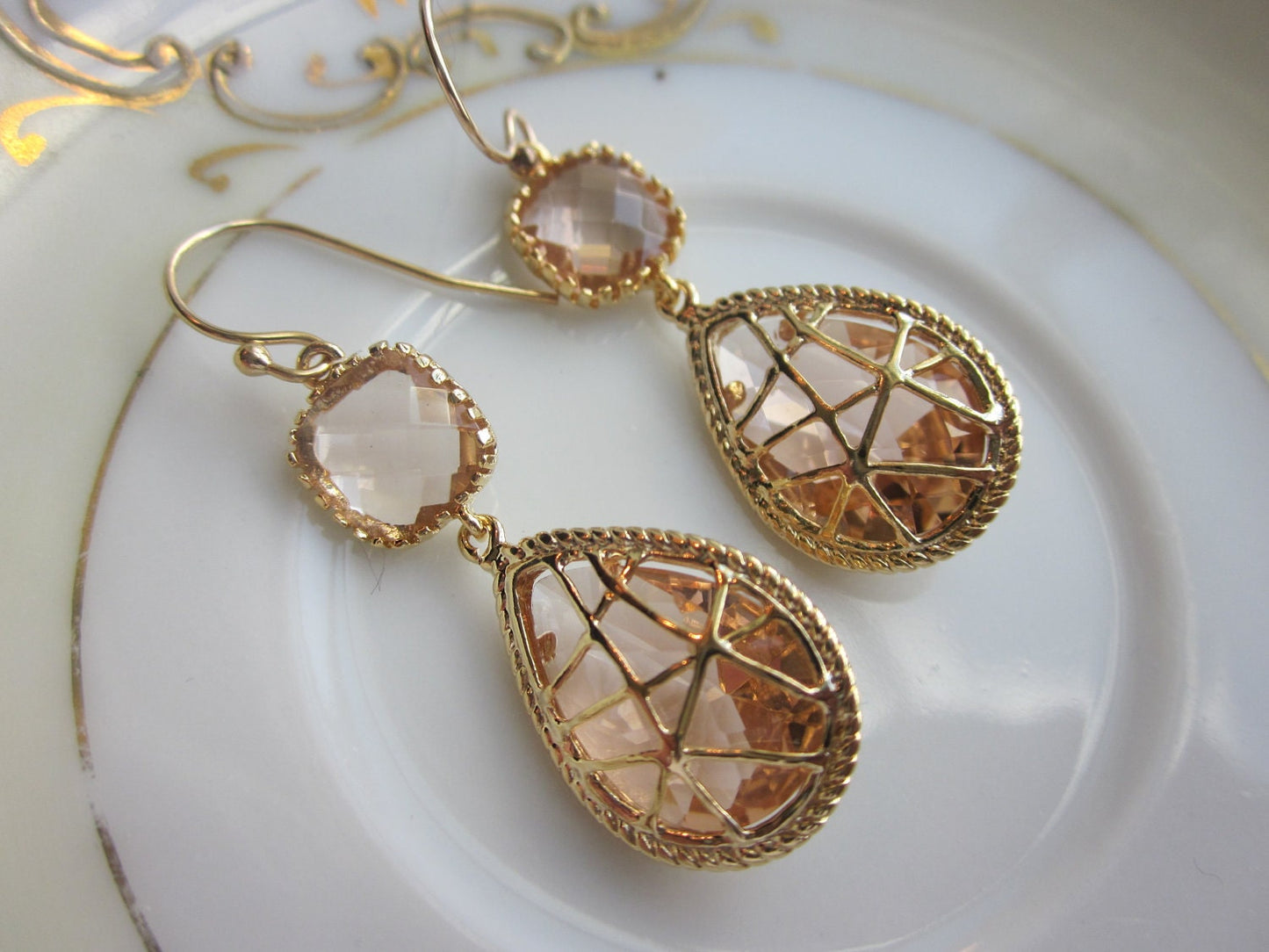 Champagne Peach Earrings Pink Gold Twisted Design - Bridesmaid Earrings Wedding Earrings Valentines Day Gift