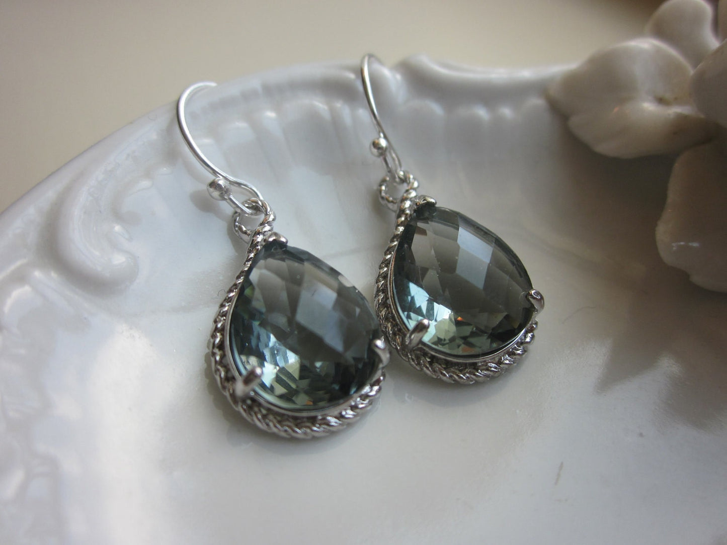 Charcoal Gray Earrings Silver Teardrop Earrings - Bridesmaid Earrings Wedding Earrings Bridal Earrings